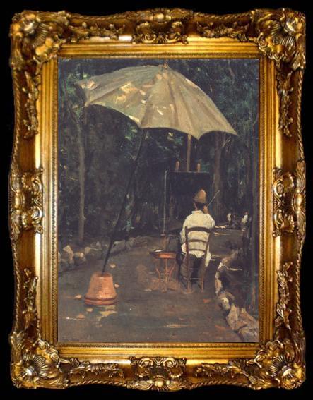 framed  Silvestro lega Angiolo Tommasi Painting in a Garden (nn02), ta009-2